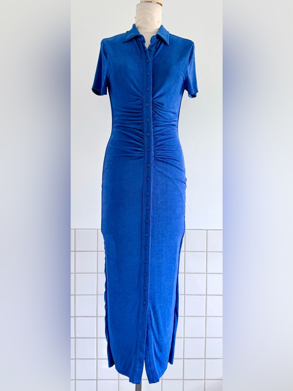 Fashion Nova Royal Blue Ruched Button-Front Midi Dress Sz: XL NWOT